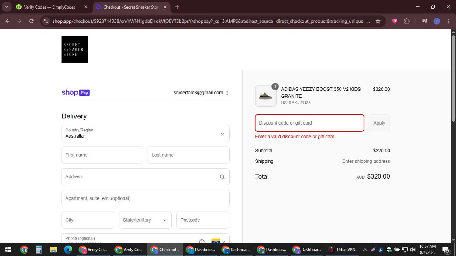 Secret Sneaker Store discount code screenshot showing code WINTERWARMER applied at Secret Sneaker Store checkout page. Uploaded by SimplyCodes community member snidertom8 on Aug 1, 2025