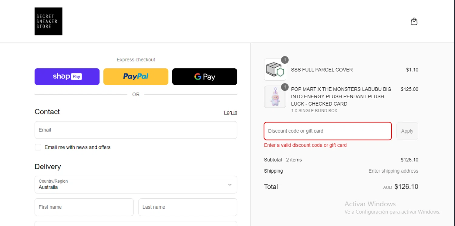 Secret Sneaker Store discount code screenshot showing code 2FOR220HOODIES applied at Secret Sneaker Store checkout page. Uploaded by SimplyCodes community member GoldSeeker7901 on Jun 12, 2025