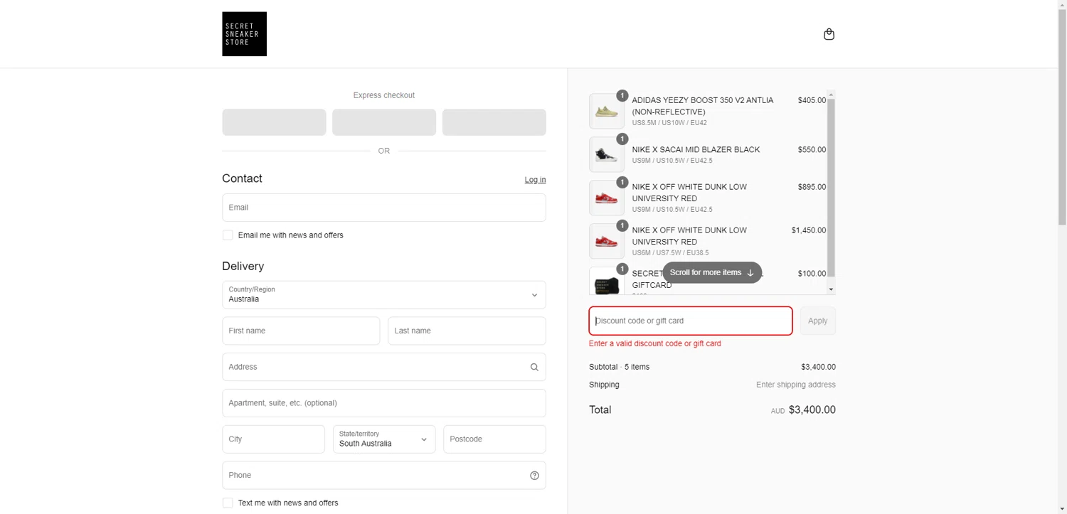 Secret Sneaker Store discount code screenshot showing code SHOPALL2FOR$220HOODIES applied at Secret Sneaker Store checkout page. Uploaded by SimplyCodes community member DiscountWarden480 on May 22, 2025