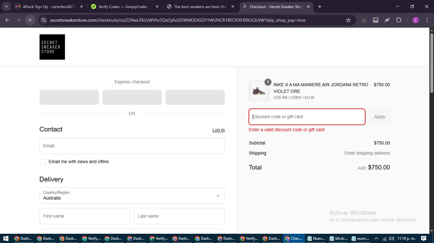 Secret Sneaker Store discount code screenshot showing code SHOPALL2FOR$220HOODIES applied at Secret Sneaker Store checkout page. Uploaded by SimplyCodes community member RewardScout5160 on May 22, 2025