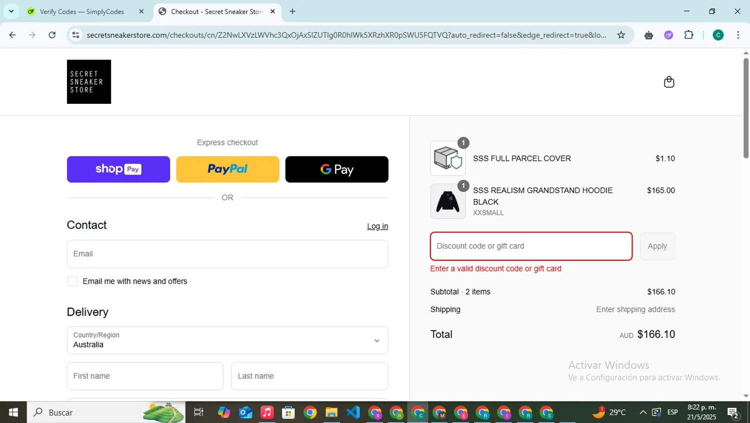 Secret Sneaker Store discount code screenshot showing code SHOPALL2FOR$220HOODIES applied at Secret Sneaker Store checkout page. Uploaded by SimplyCodes community member BonusPilot927 on May 22, 2025