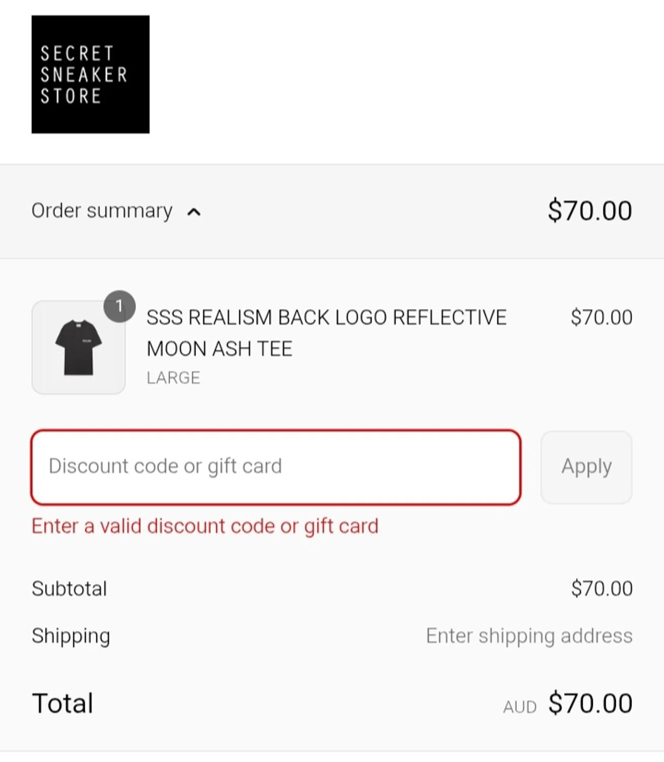 Secret Sneaker Store discount code screenshot showing code SHOPALL2FOR$120TEES applied at Secret Sneaker Store checkout page. Uploaded by SimplyCodes community member Kaylaytone on May 14, 2025