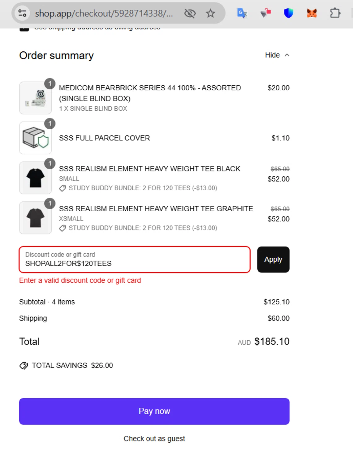 Secret Sneaker Store discount code screenshot showing code SHOPALL2FOR$120TEES applied at Secret Sneaker Store checkout page. Uploaded by SimplyCodes community member LaCalix3000 on May 14, 2025