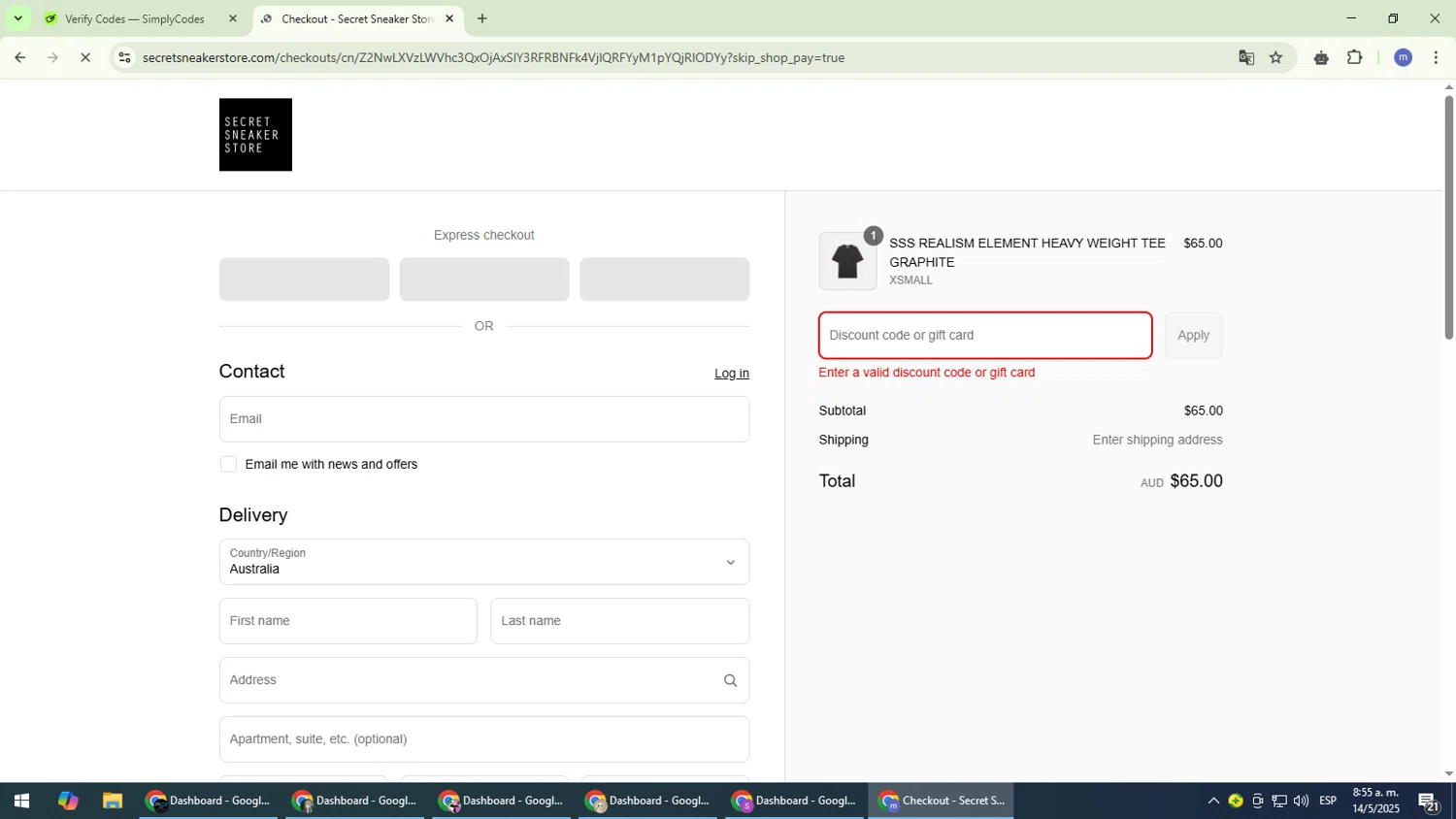 Secret Sneaker Store discount code screenshot showing code SHOPALL2FOR$120TEES applied at Secret Sneaker Store checkout page. Uploaded by SimplyCodes community member QuestDefender2661 on May 14, 2025
