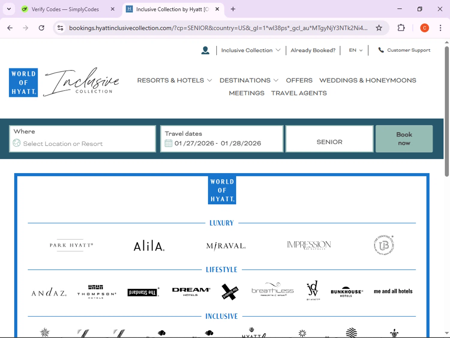 Secrets Resorts & Spas checkout page showing Secrets Resorts & Spas promo code box | Screenshot taken by SimplyCodes community member on Jan 27, 2026