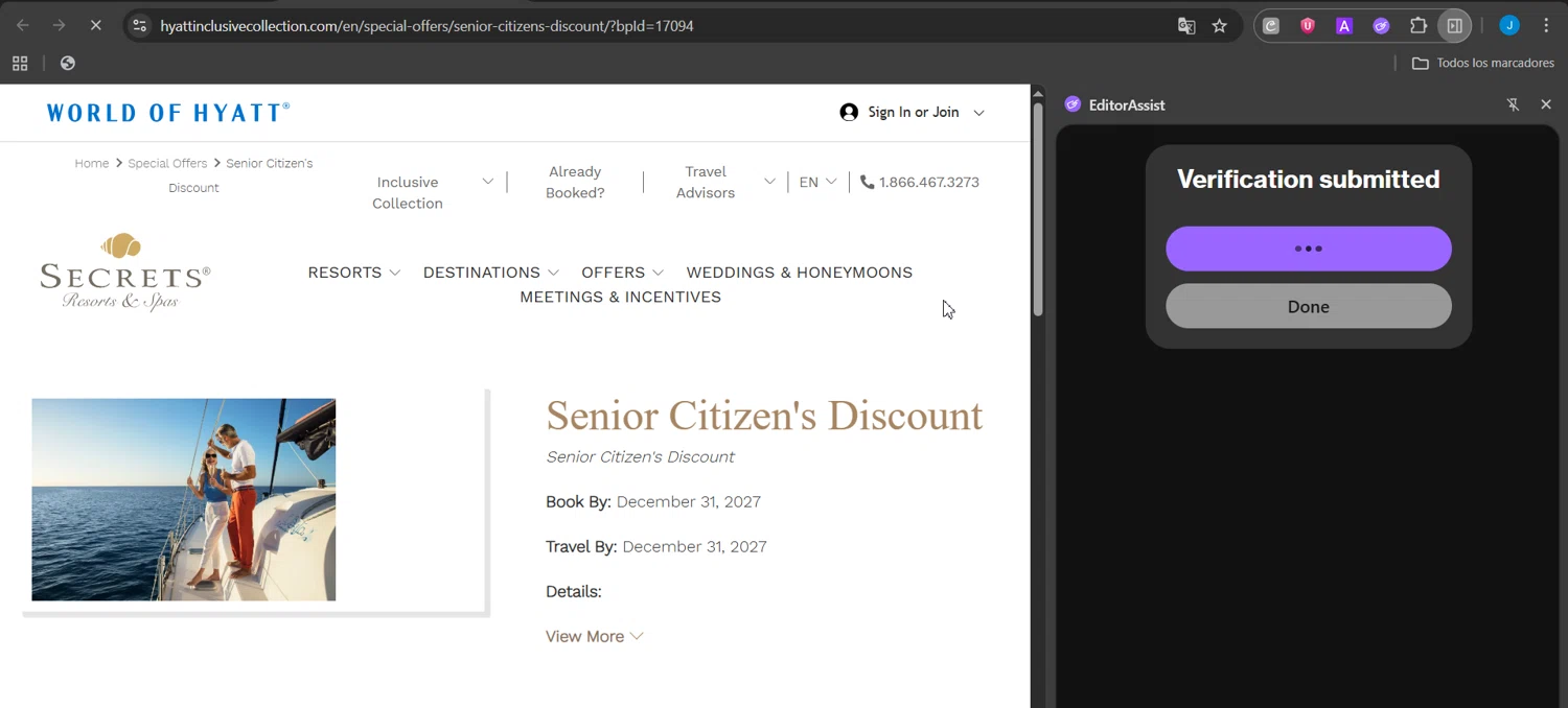 Secrets Resorts & Spas promo code screenshot showing code SENIOR applied at Secrets Resorts & Spas checkout page. Uploaded by SimplyCodes community member Jeanjc on Dec 17, 2025
