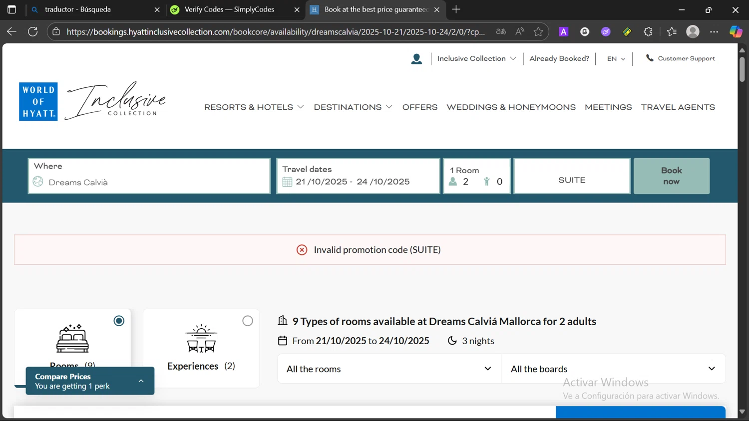 Secrets Resorts & Spas promo code screenshot showing code SUITE applied at Secrets Resorts & Spas checkout page. Uploaded by SimplyCodes community member Elsuanfonson on Oct 21, 2025