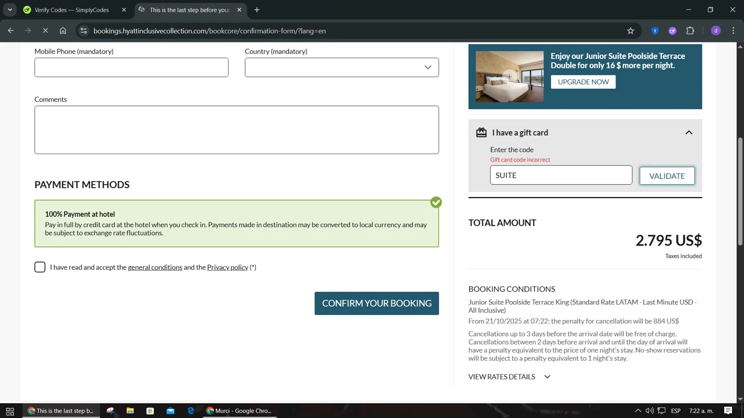 Secrets Resorts & Spas promo code screenshot showing code SUITE applied at Secrets Resorts & Spas checkout page. Uploaded by SimplyCodes community member VoucherPilot2282 on Oct 21, 2025