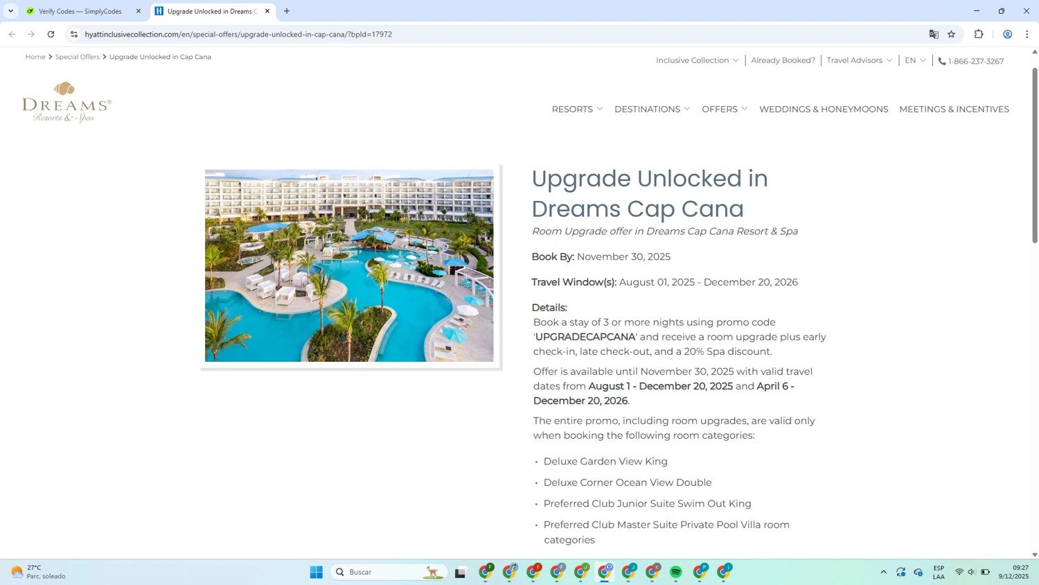 Secrets Resorts & Spas promo code screenshot showing code UPGRADECAPCANA applied at Secrets Resorts & Spas checkout page. Uploaded by SimplyCodes community member MagnificentCaptain7552 on Dec 9, 2025