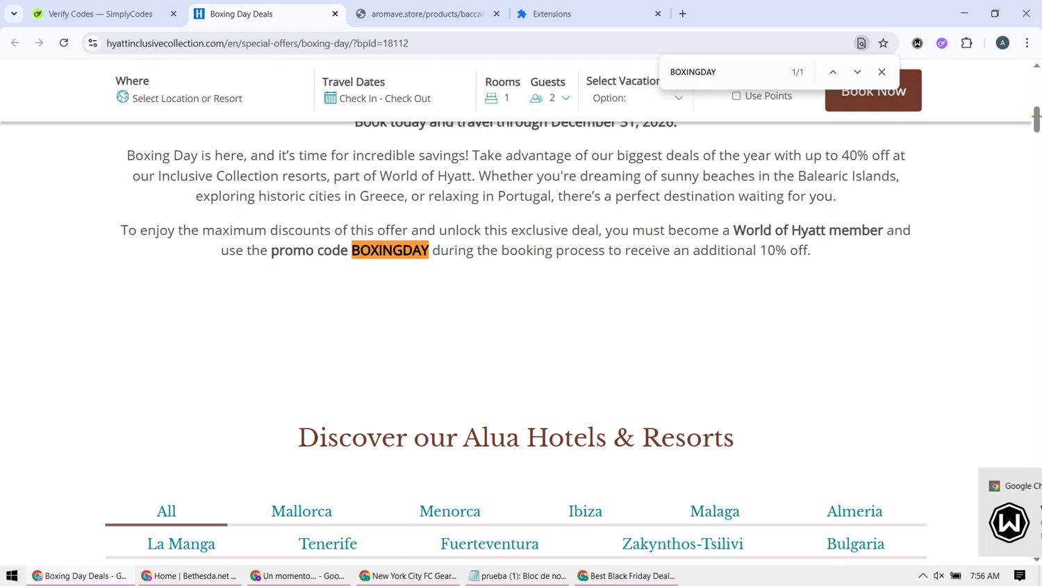 Secrets Resorts & Spas promo code screenshot showing code BOXINGDAY applied at Secrets Resorts & Spas checkout page. Uploaded by SimplyCodes community member BonusMonarch7015 on Dec 30, 2025