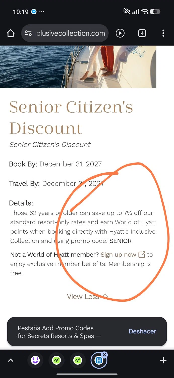 Secrets Resorts & Spas promo code screenshot showing code SENIOR applied at Secrets Resorts & Spas checkout page. Uploaded by SimplyCodes community member Dejadepicharme on Jan 5, 2026