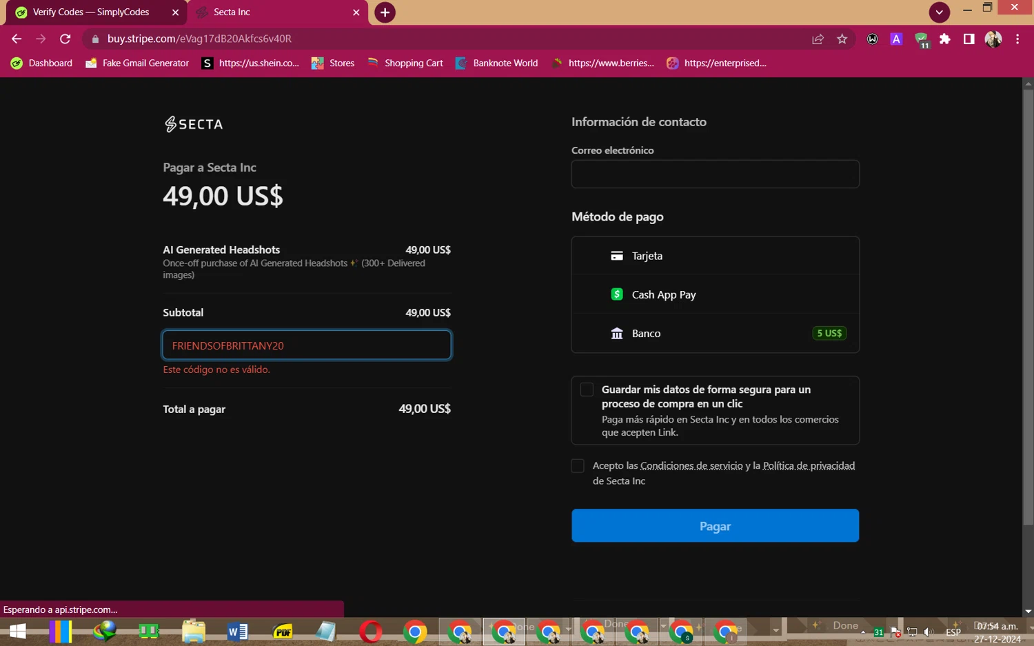 Secta AI promo code screenshot showing code FRIENDSOFBRITTANY20 applied at Secta AI checkout page. Uploaded by SimplyCodes community member RewardFalcon3197 on Dec 27, 2024