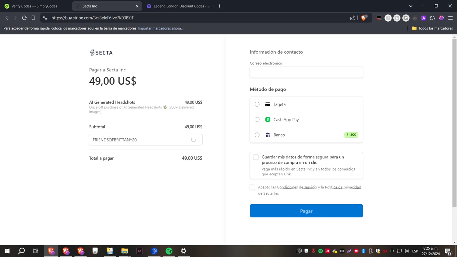 Secta AI promo code screenshot showing code FRIENDSOFBRITTANY20 applied at Secta AI checkout page. Uploaded by SimplyCodes community member CoinHawk6938 on Dec 27, 2024
