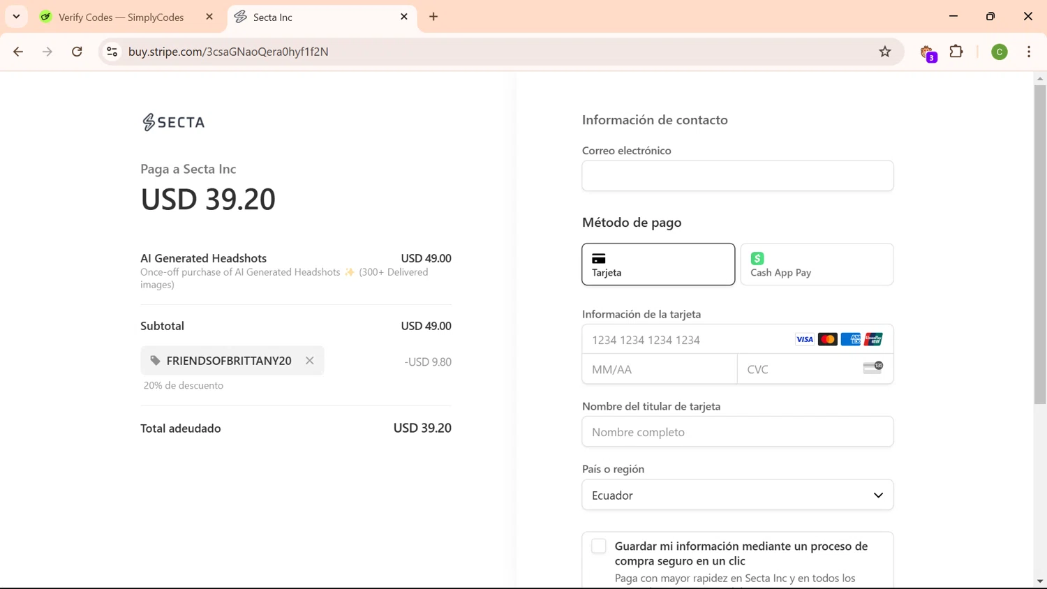 Secta AI checkout page showing Secta AI promo code box | Screenshot taken by SimplyCodes community member on Oct 30, 2024
