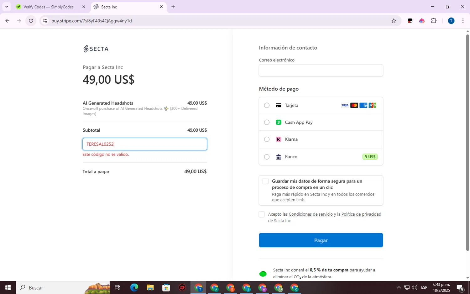 Secta AI promo code screenshot showing code TERESAL0252 applied at Secta AI checkout page. Uploaded by SimplyCodes community member WonderVirtuoso7677 on Mar 18, 2025