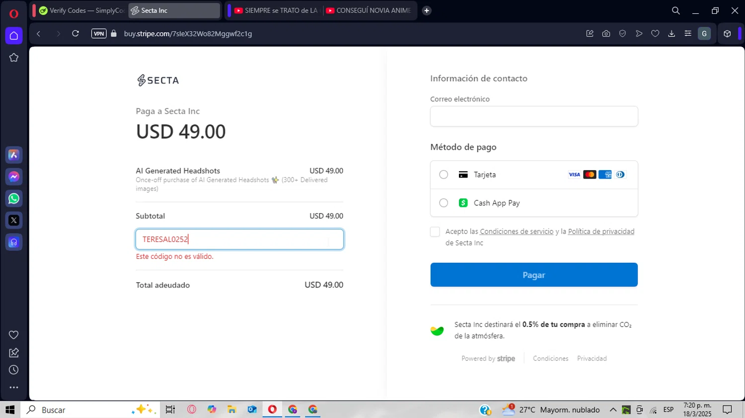 Secta AI promo code screenshot showing code TERESAL0252 applied at Secta AI checkout page. Uploaded by SimplyCodes community member CrownWizard8571 on Mar 18, 2025