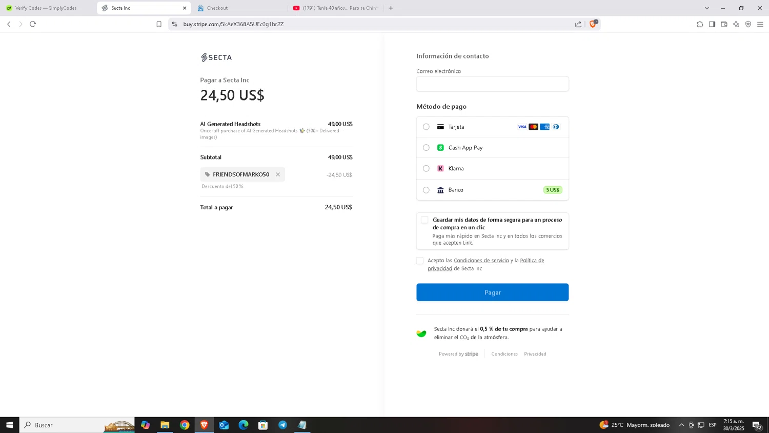 Secta AI checkout page showing Secta AI promo code box | Screenshot taken by SimplyCodes community member on Mar 30, 2025