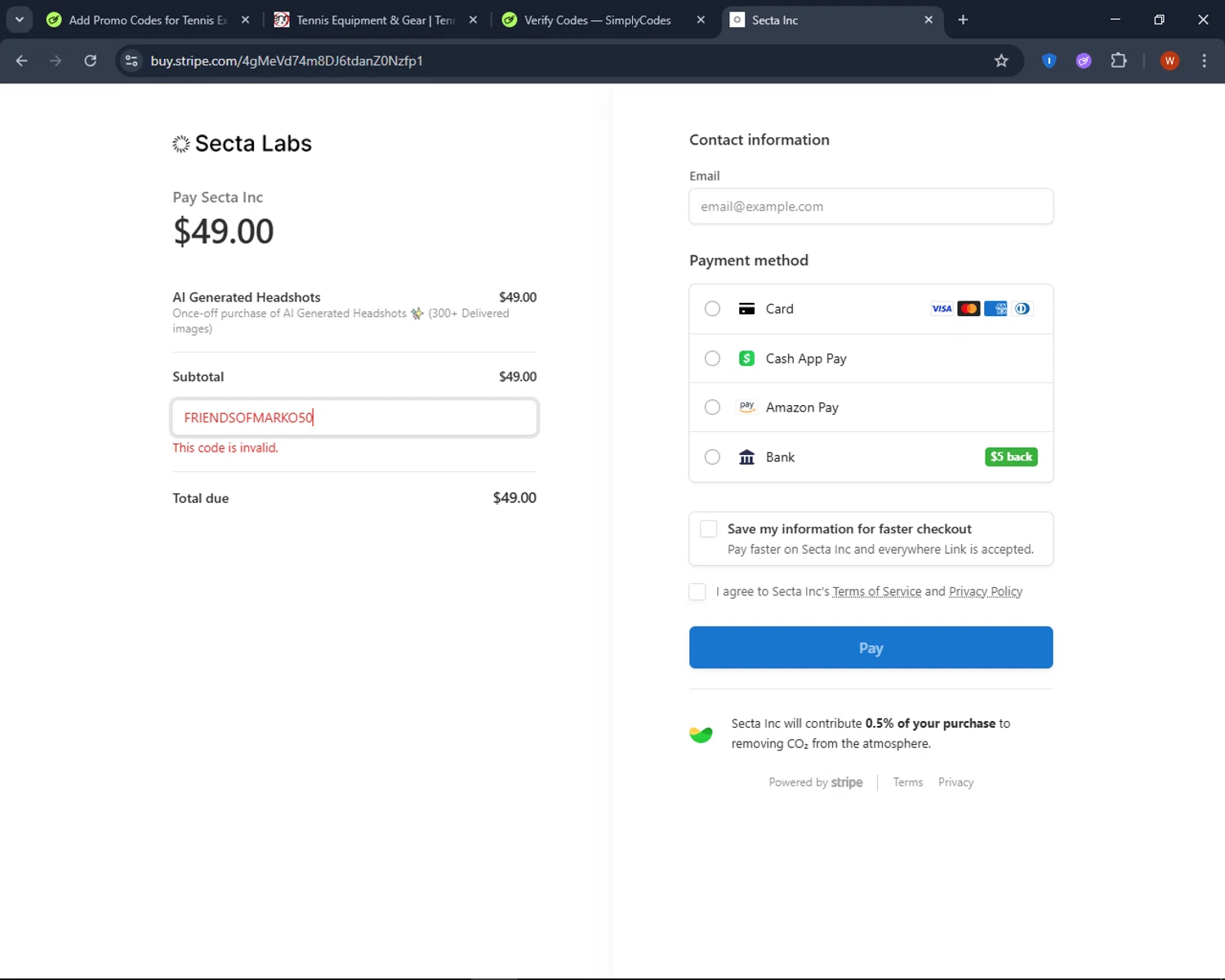 Secta AI promo code screenshot showing code Friendsofmarko50 applied at Secta AI checkout page. Uploaded by SimplyCodes community member CashPro9699 on Jul 12, 2025