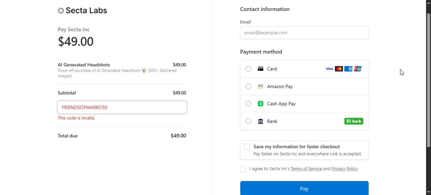Secta AI promo code screenshot showing code Friendsofmarko50 applied at Secta AI checkout page. Uploaded by SimplyCodes community member Enmanuel99 on Jul 12, 2025