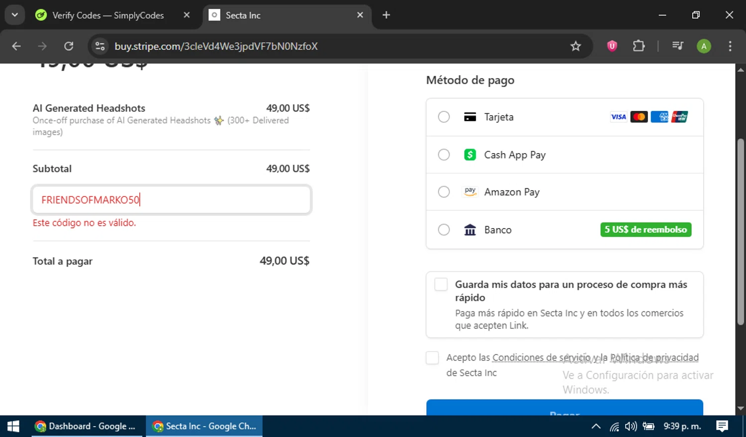 Secta AI promo code screenshot showing code Friendsofmarko50 applied at Secta AI checkout page. Uploaded by SimplyCodes community member SwiftFox3743 on Jul 12, 2025