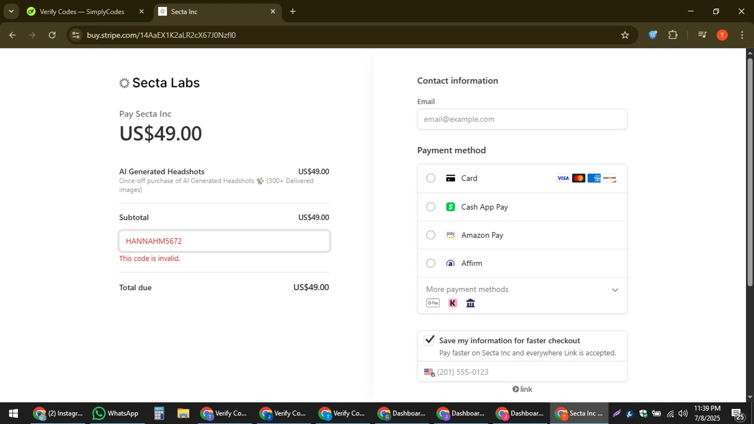 Secta AI promo code screenshot showing code HANNAHM5672 applied at Secta AI checkout page. Uploaded by SimplyCodes community member ShrewdAce8338 on Jul 9, 2025