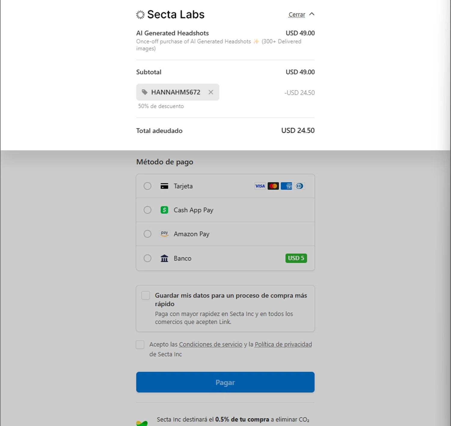 Secta AI promo code screenshot showing code HANNAHM5672 applied at Secta AI checkout page. Uploaded by SimplyCodes community member PillarsofCreation on Jul 8, 2025