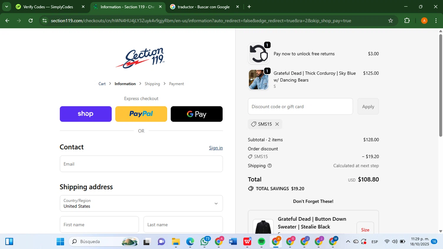 Section 119 discount code screenshot showing code SMS15 applied at Section 119 checkout page. Uploaded by SimplyCodes community member AlfredoBonifacio on Oct 19, 2025