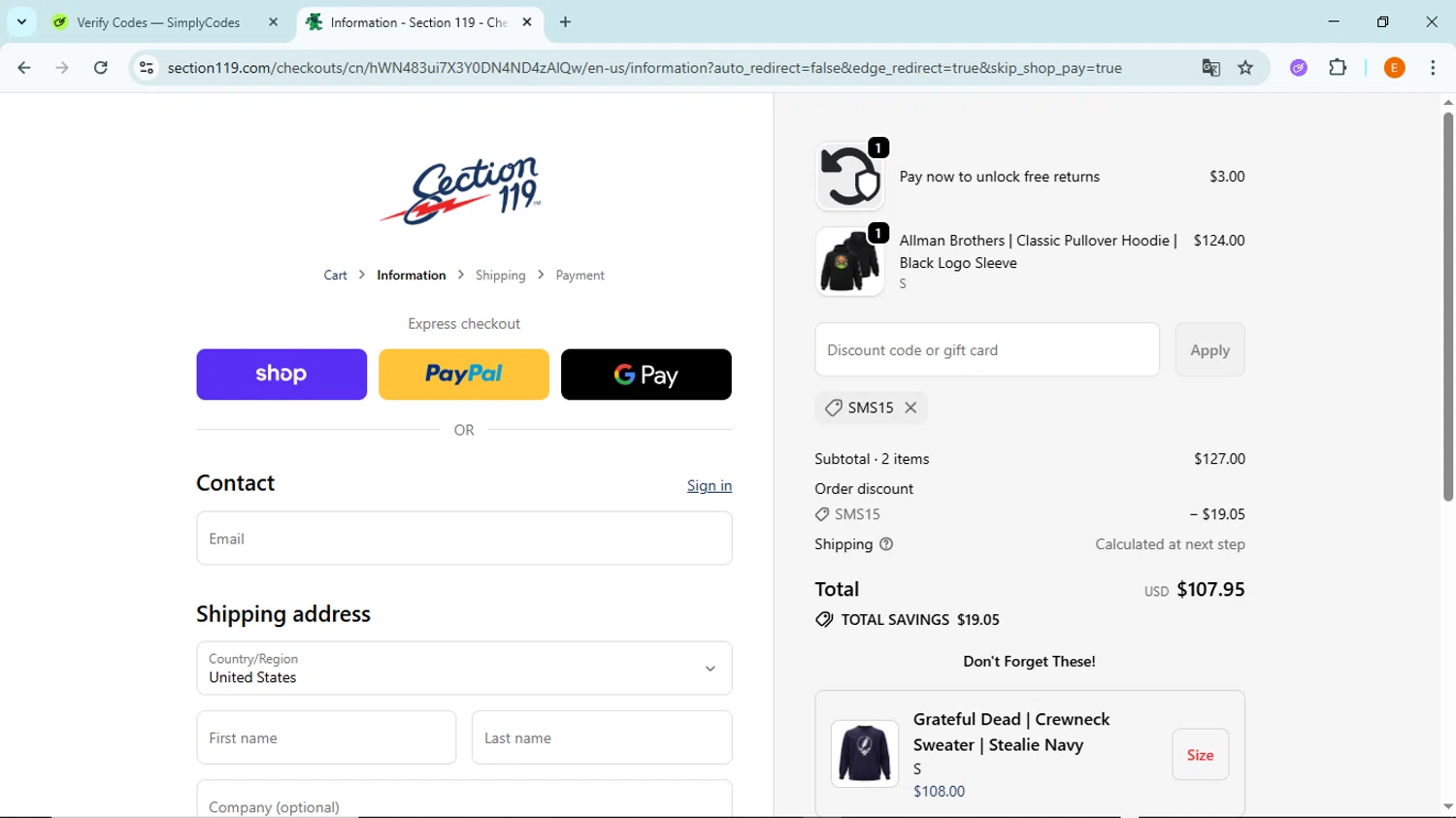 Section 119 discount code screenshot showing code SMS15 applied at Section 119 checkout page. Uploaded by SimplyCodes community member BudgetFox5491 on Oct 15, 2025