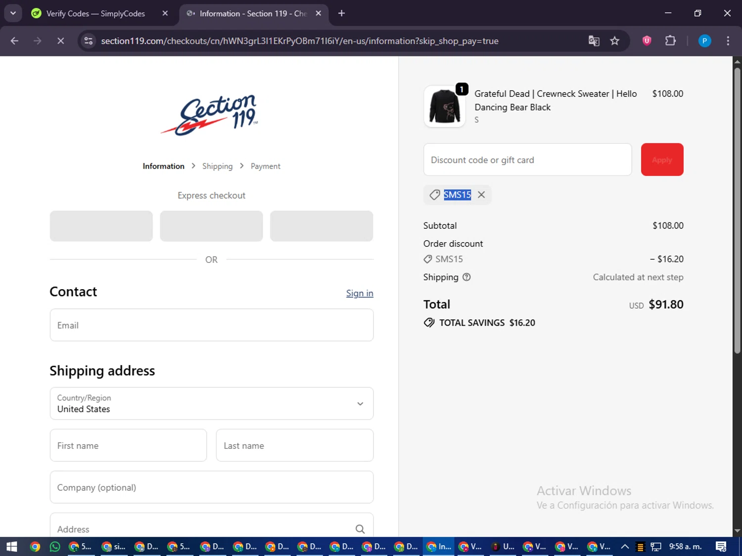 Section 119 discount code screenshot showing code SMS15 applied at Section 119 checkout page. Uploaded by SimplyCodes community member juiceWRLD on Oct 3, 2025
