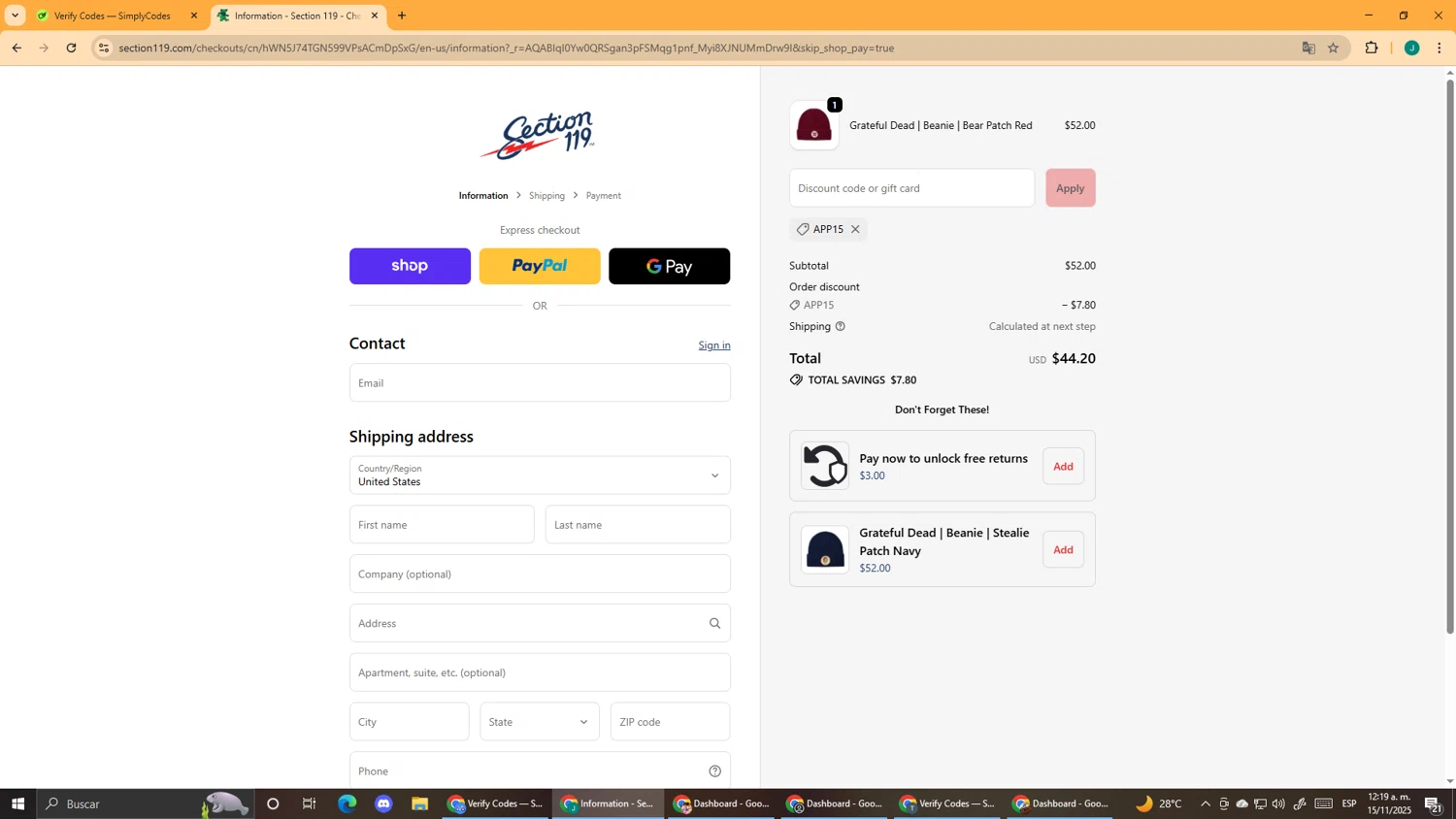 Section 119 discount code screenshot showing code APP15 applied at Section 119 checkout page. Uploaded by SimplyCodes community member DealScout5970 on Nov 15, 2025
