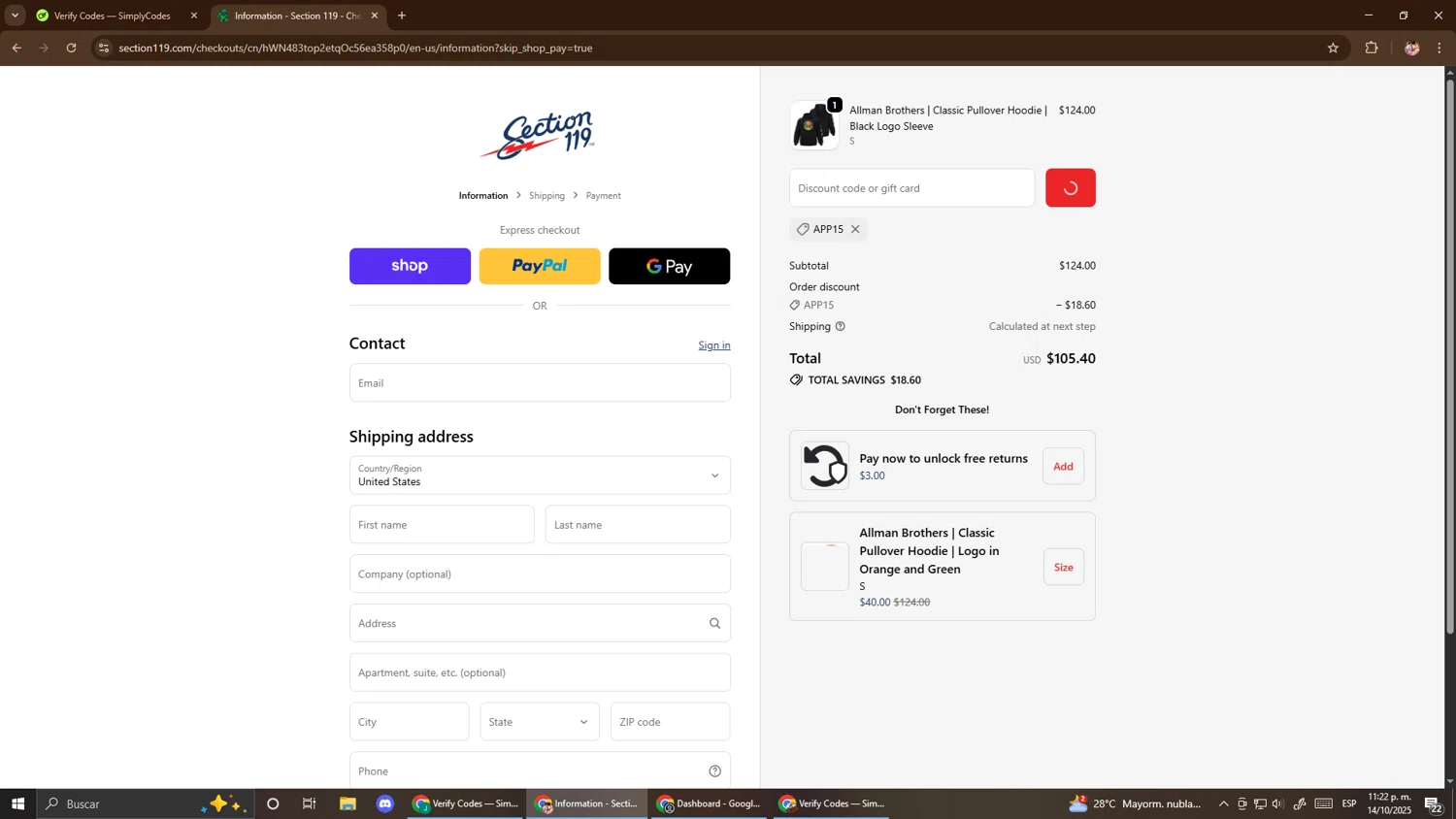 Section 119 discount code screenshot showing code APP15 applied at Section 119 checkout page. Uploaded by SimplyCodes community member El_mynor on Oct 15, 2025