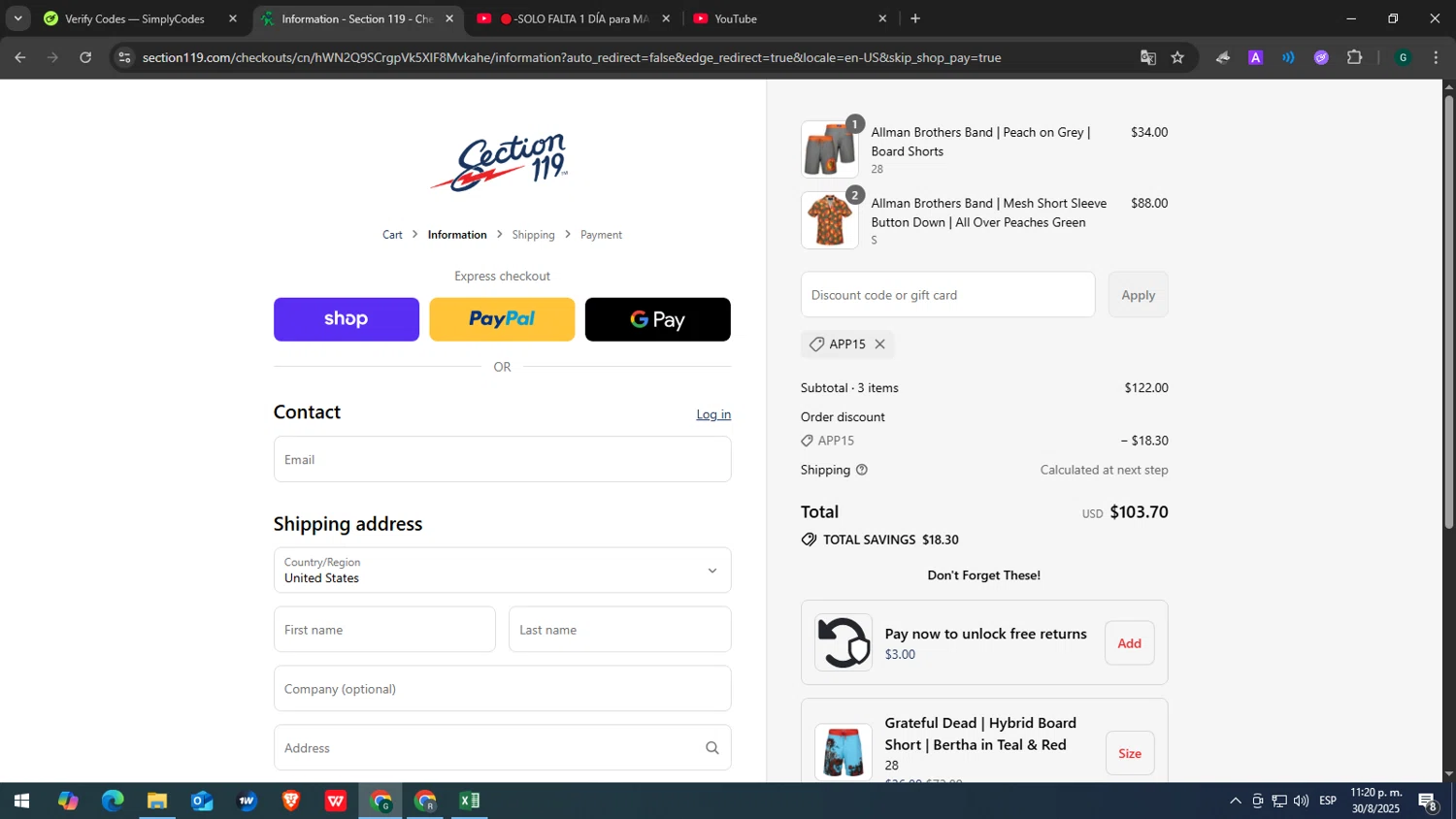 Section 119 discount code screenshot showing code APP15 applied at Section 119 checkout page. Uploaded by SimplyCodes community member yasabesssss on Aug 31, 2025
