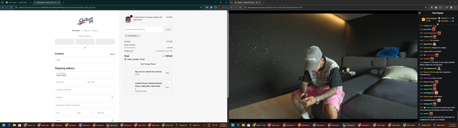 Section 119 discount code screenshot showing code YOUTUBE10 applied at Section 119 checkout page. Uploaded by SimplyCodes community member BrilliantSaver7516 on Oct 15, 2025