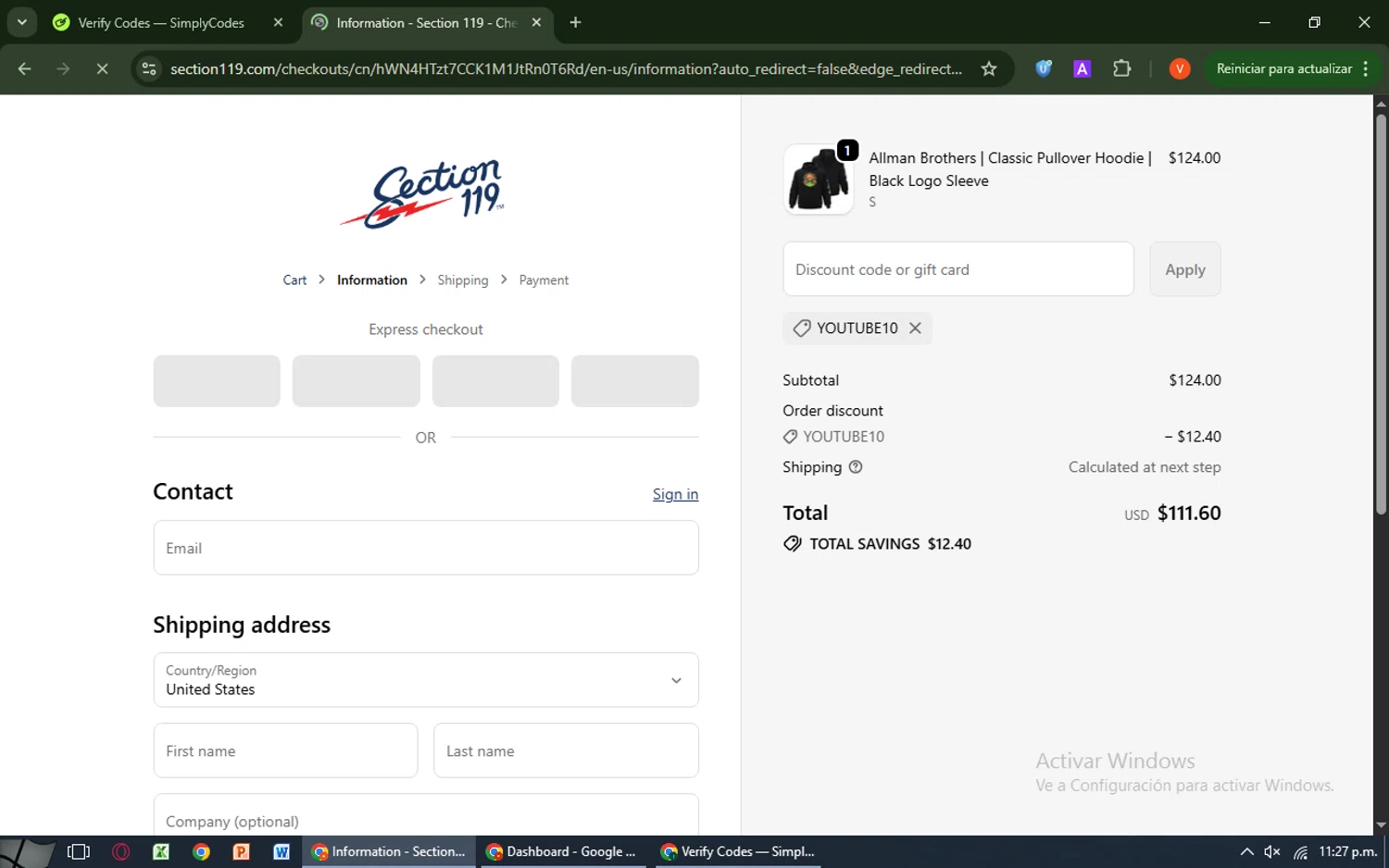 Section 119 discount code screenshot showing code YOUTUBE10 applied at Section 119 checkout page. Uploaded by SimplyCodes community member SavingsCaptain8190 on Oct 19, 2025