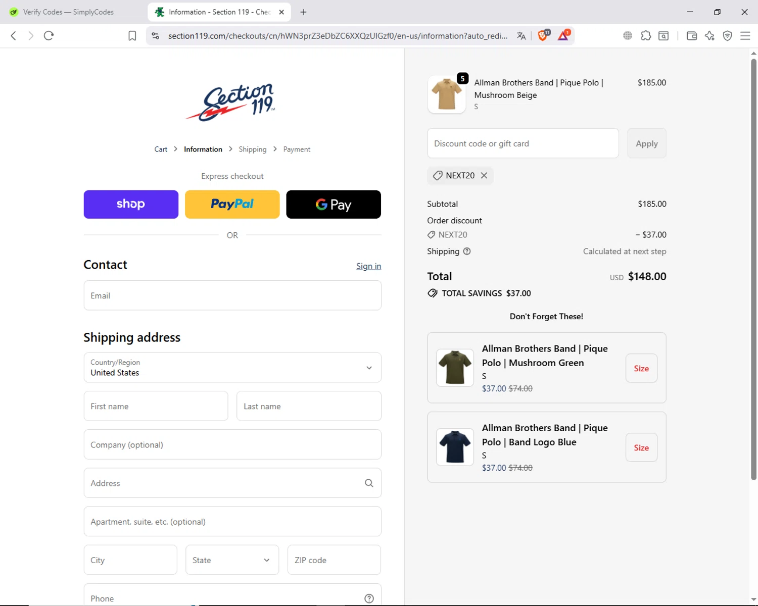Section 119 discount code screenshot showing code NEXT20 applied at Section 119 checkout page. Uploaded by SimplyCodes community member ShieldAdmiral6835 on Oct 7, 2025