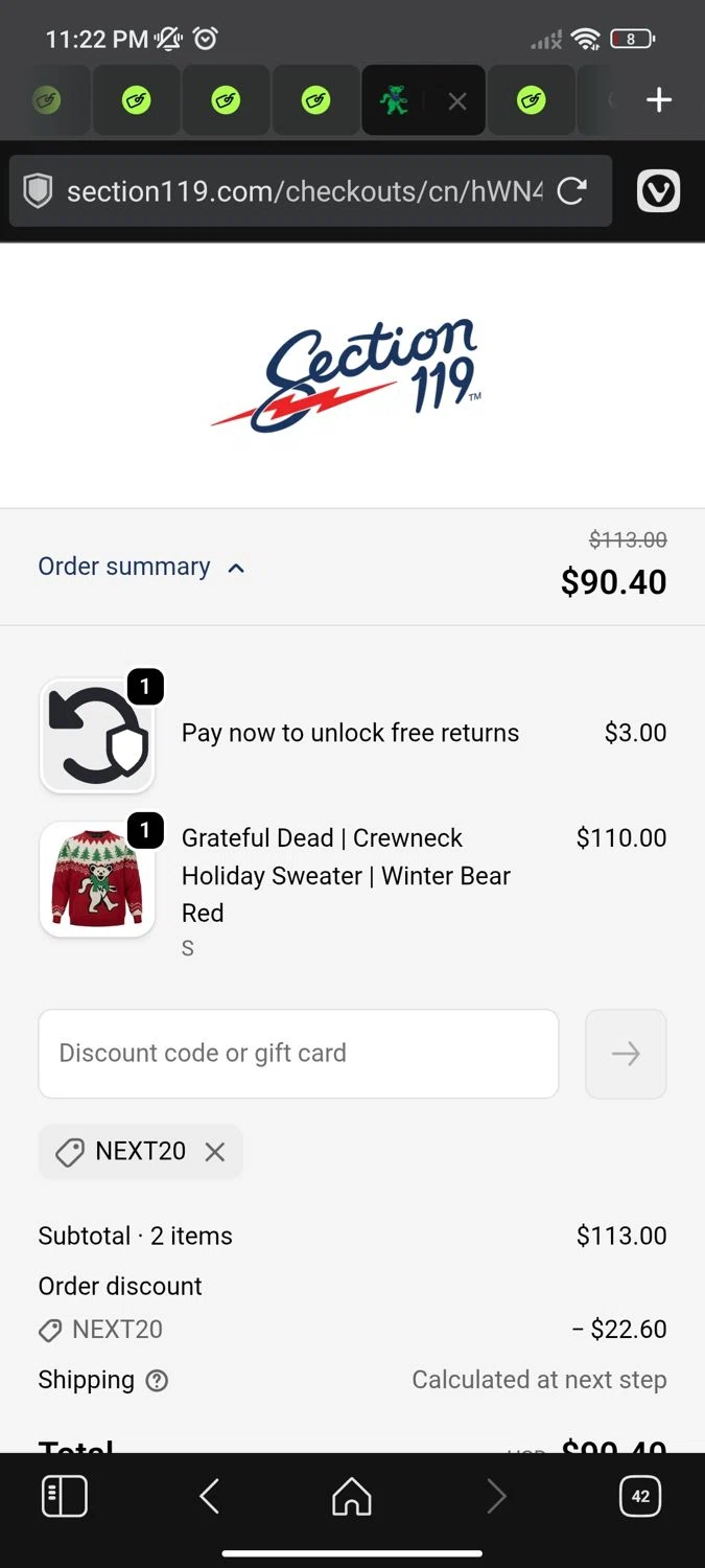 Section 119 discount code screenshot showing code NEXT20 applied at Section 119 checkout page. Uploaded by SimplyCodes community member michigan on Oct 15, 2025