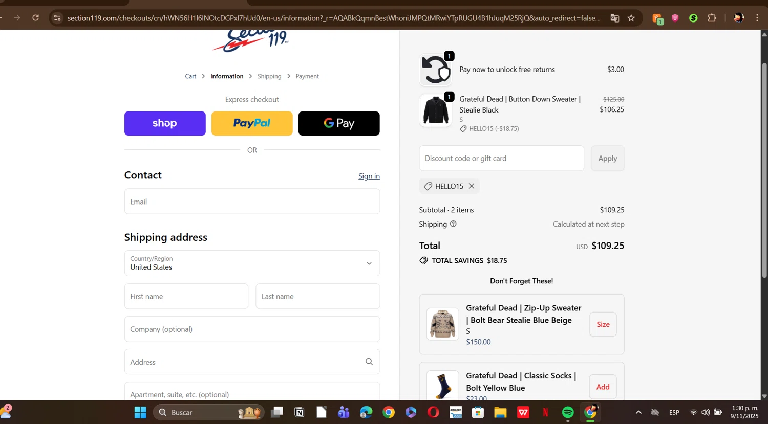 Section 119 discount code screenshot showing code hello15 applied at Section 119 checkout page. Uploaded by SimplyCodes community member ERI0810 on Nov 9, 2025