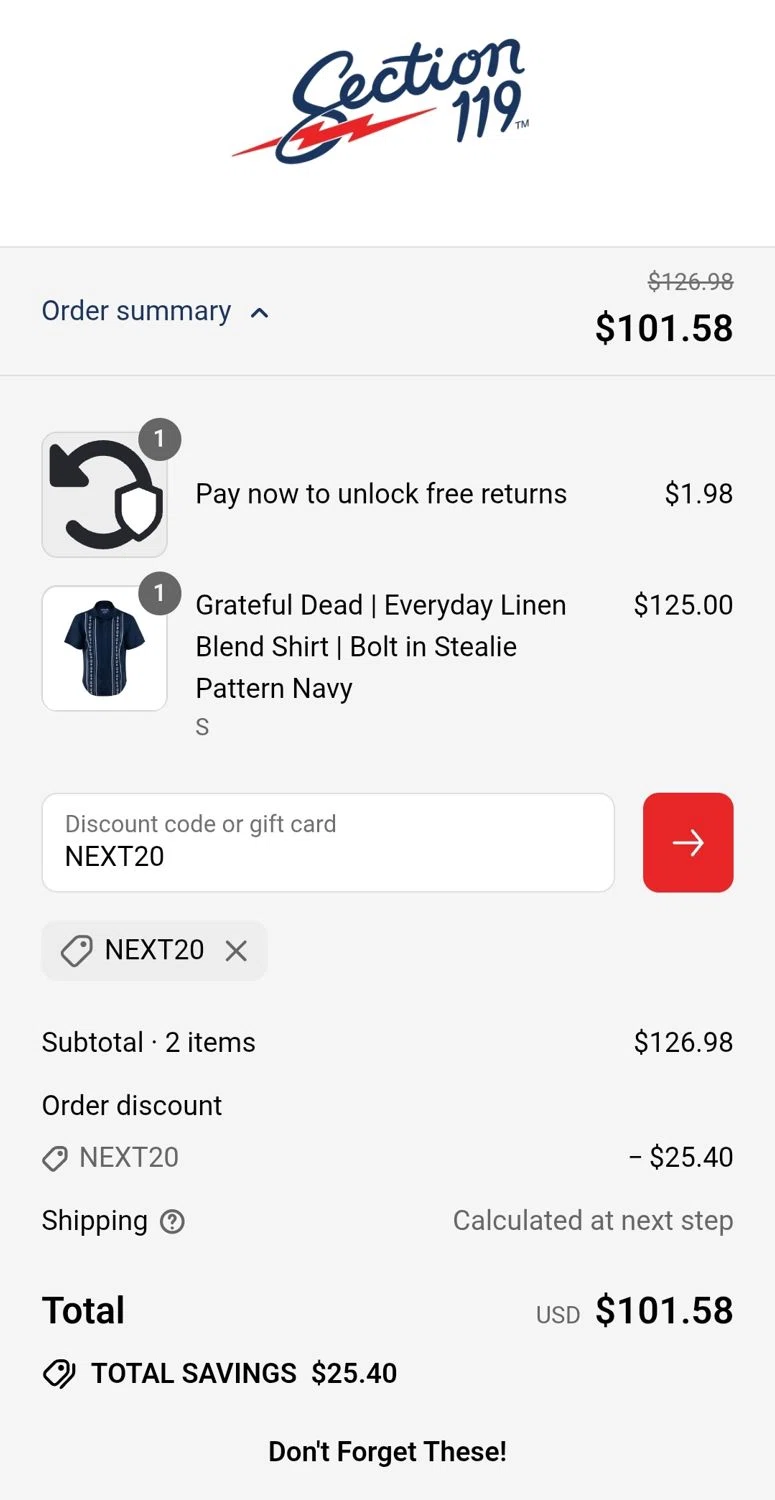 Section 119 discount code screenshot showing code NEXT20 applied at Section 119 checkout page. Uploaded by SimplyCodes community member JuanMonge on Jul 22, 2025