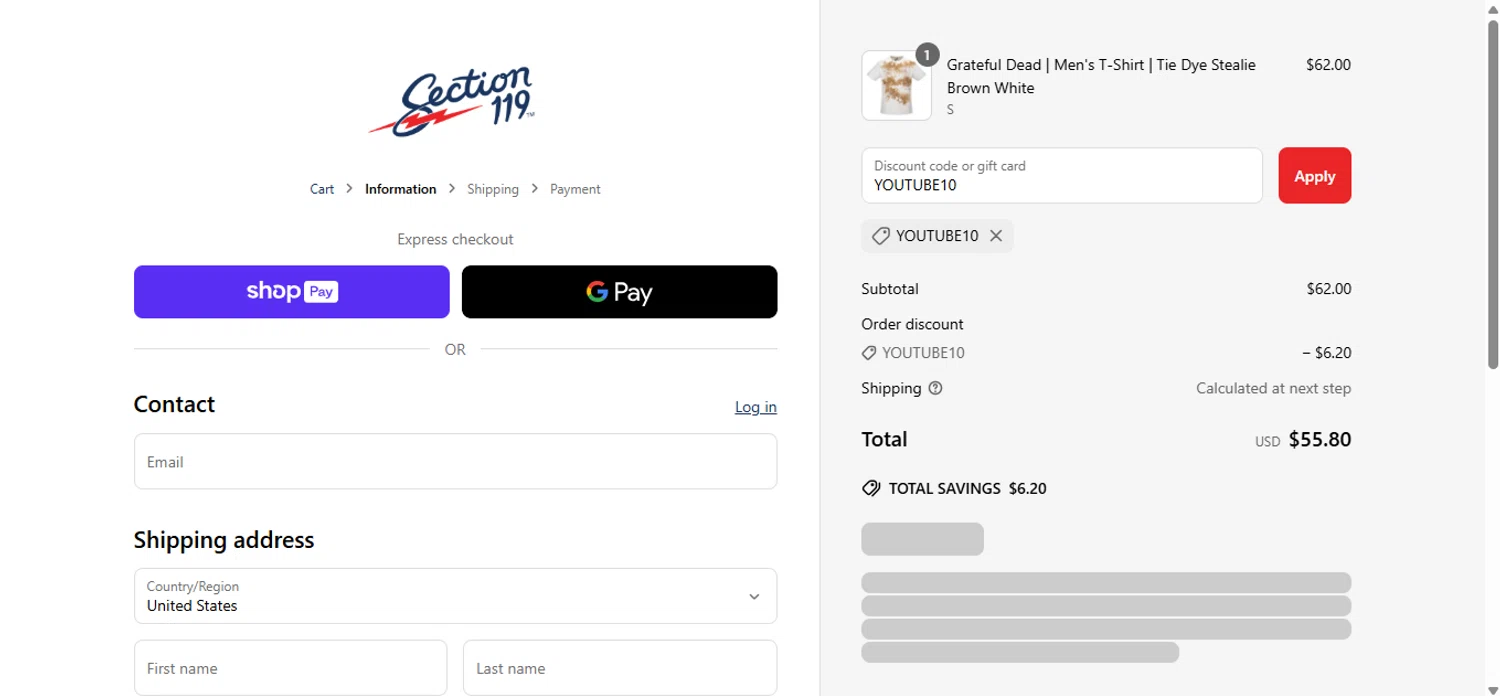 Section 119 discount code screenshot showing code YOUTUBE10 applied at Section 119 checkout page. Uploaded by SimplyCodes community member anosesmith on May 20, 2025