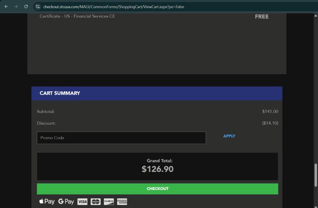 Securities Training Corporation checkout page showing Securities Training Corporation promo code box | Screenshot taken by SimplyCodes community member on Aug 17, 2025