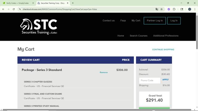 Securities Training Corporation checkout page showing Securities Training Corporation promo code box | Screenshot taken by SimplyCodes community member on Jul 19, 2025