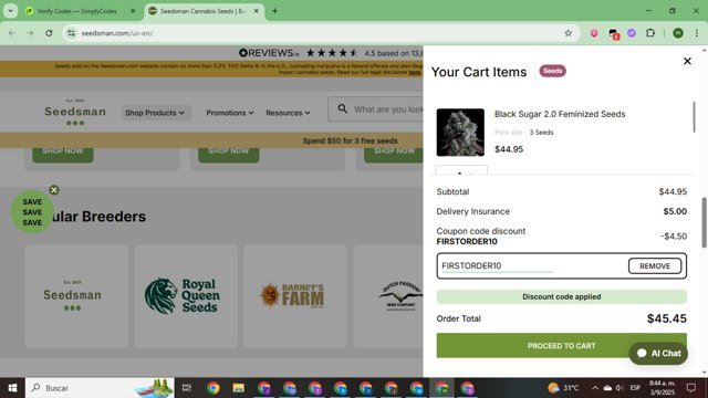 Seedsman checkout page showing Seedsman promo code box | Screenshot taken by SimplyCodes community member on Sep 3, 2025