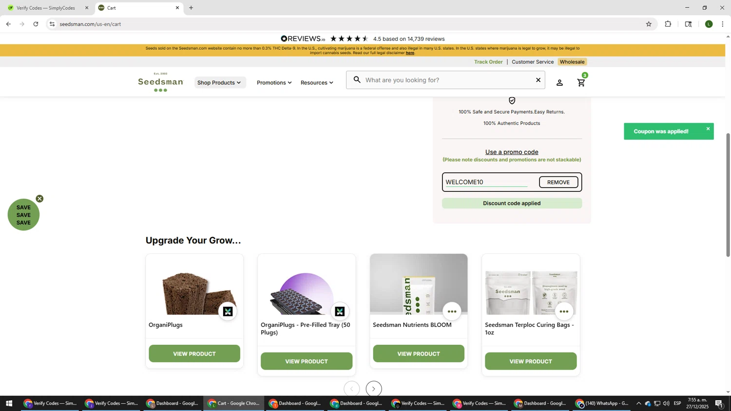 Seedsman promo code screenshot showing code WELCOME10 applied at Seedsman checkout page. Uploaded by SimplyCodes community member DUCATI on Dec 27, 2025