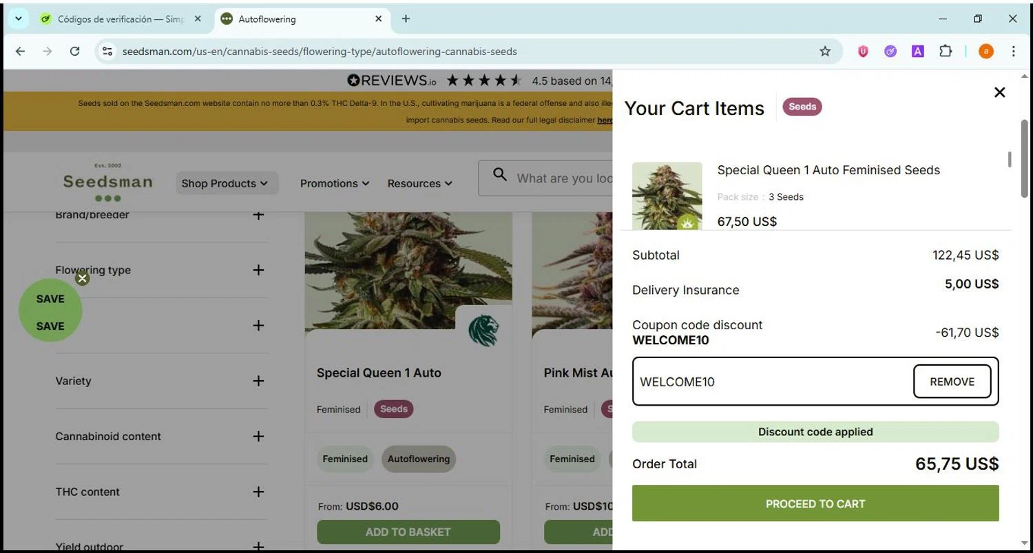Seedsman promo code screenshot showing code WELCOME10 applied at Seedsman checkout page. Uploaded by SimplyCodes community member David81 on Nov 2, 2025
