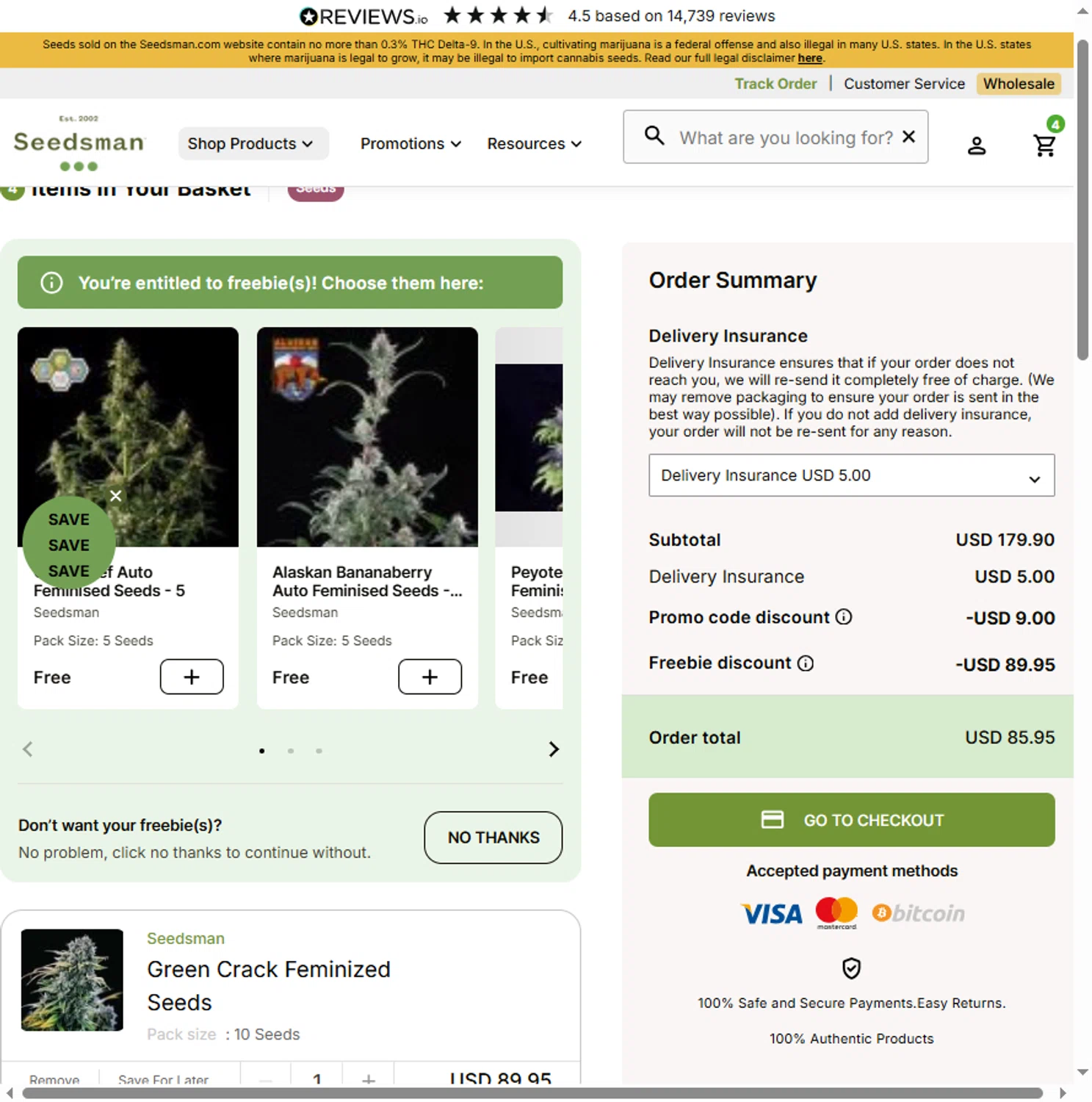 Seedsman promo code screenshot showing code WELCOME10 applied at Seedsman checkout page. Uploaded by SimplyCodes community member Leannysv7lla on Dec 27, 2025