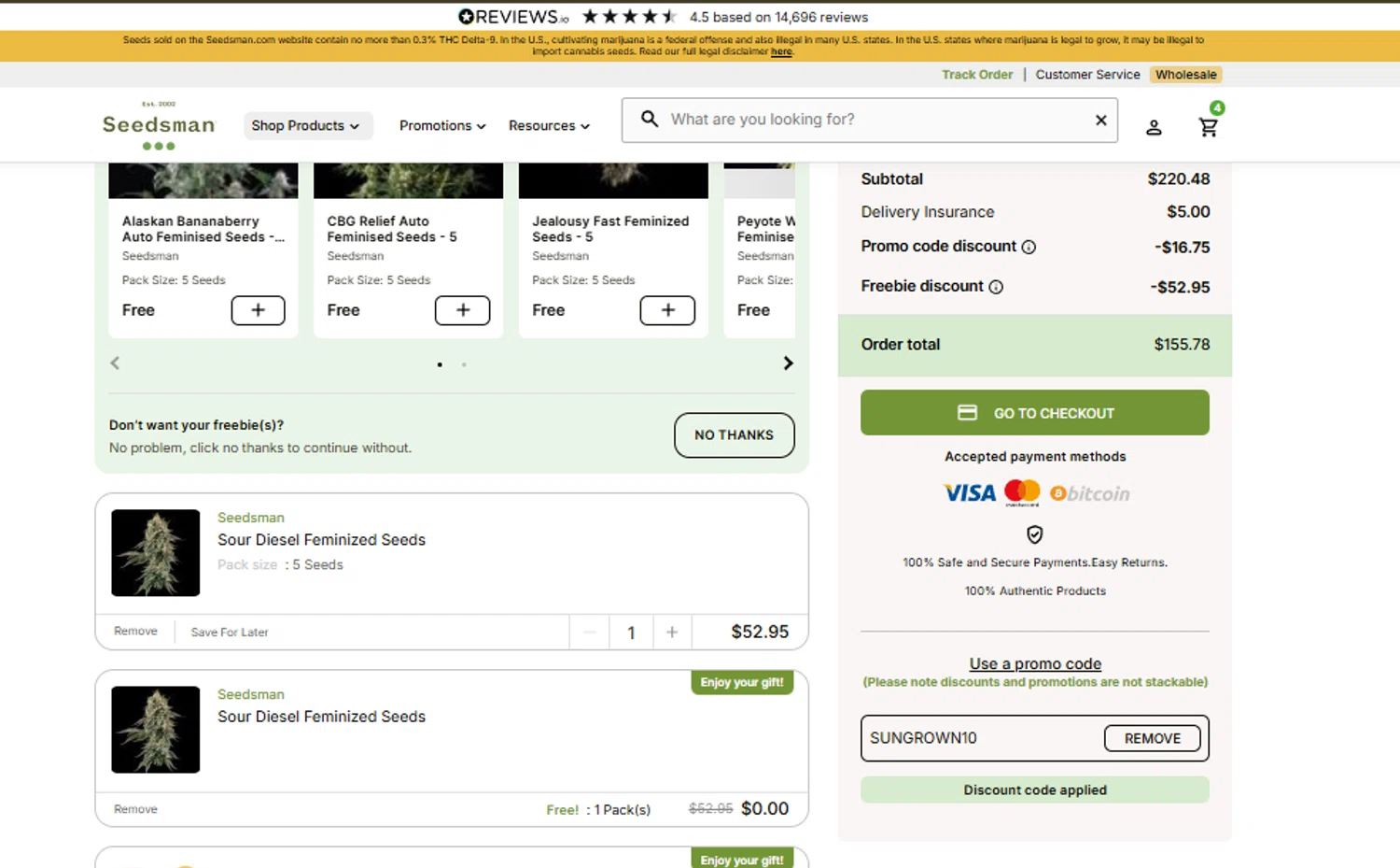 Seedsman promo code screenshot showing code SUNGROWN10 applied at Seedsman checkout page. Uploaded by SimplyCodes community member SimplyCVerlie on Dec 22, 2025
