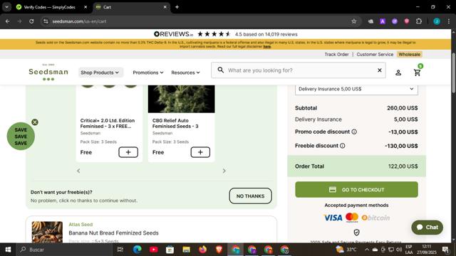 Seedsman checkout page showing Seedsman promo code box | Screenshot taken by SimplyCodes community member on Sep 27, 2025