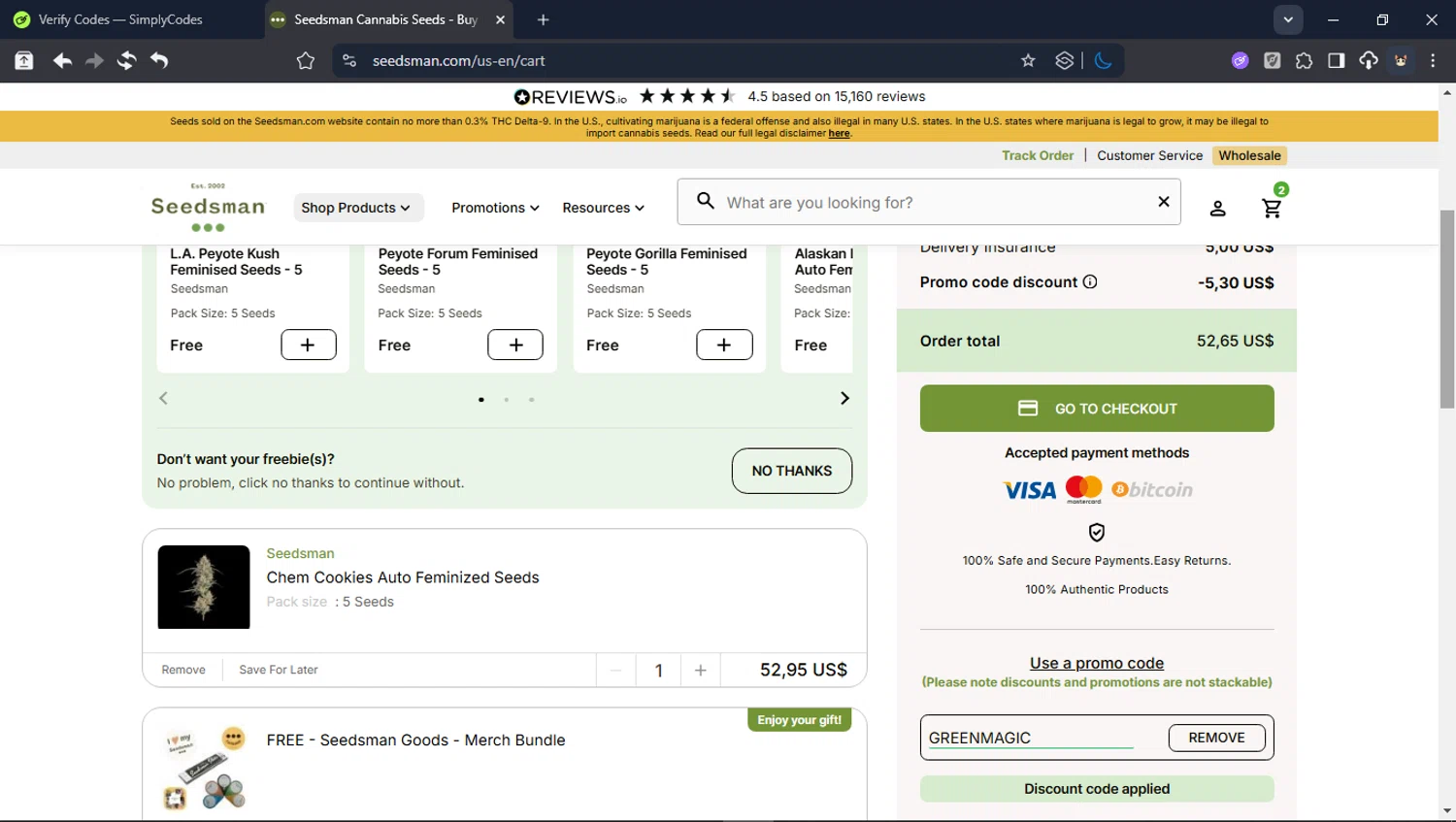 Seedsman promo code screenshot showing code GREENMAGIC applied at Seedsman checkout page. Uploaded by SimplyCodes community member BrilliantTitan6909 on Feb 12, 2026