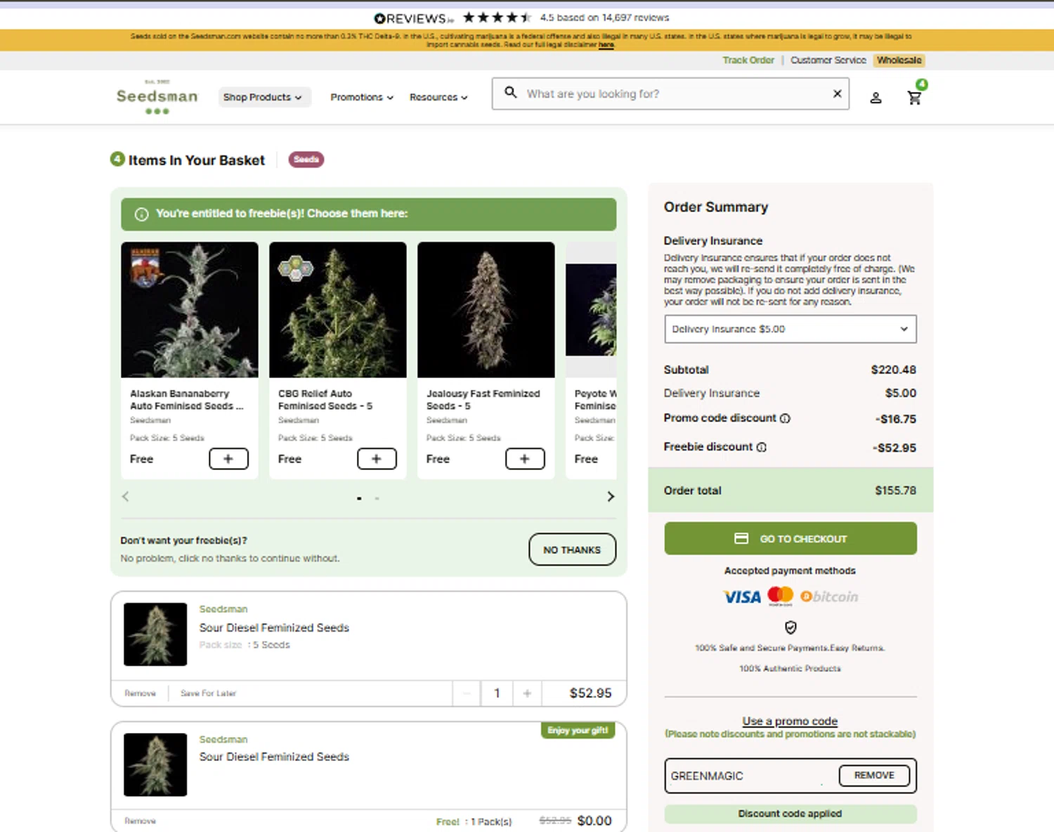 Seedsman promo code screenshot showing code GREENMAGIC applied at Seedsman checkout page. Uploaded by SimplyCodes community member SimplyCVerlie on Dec 22, 2025