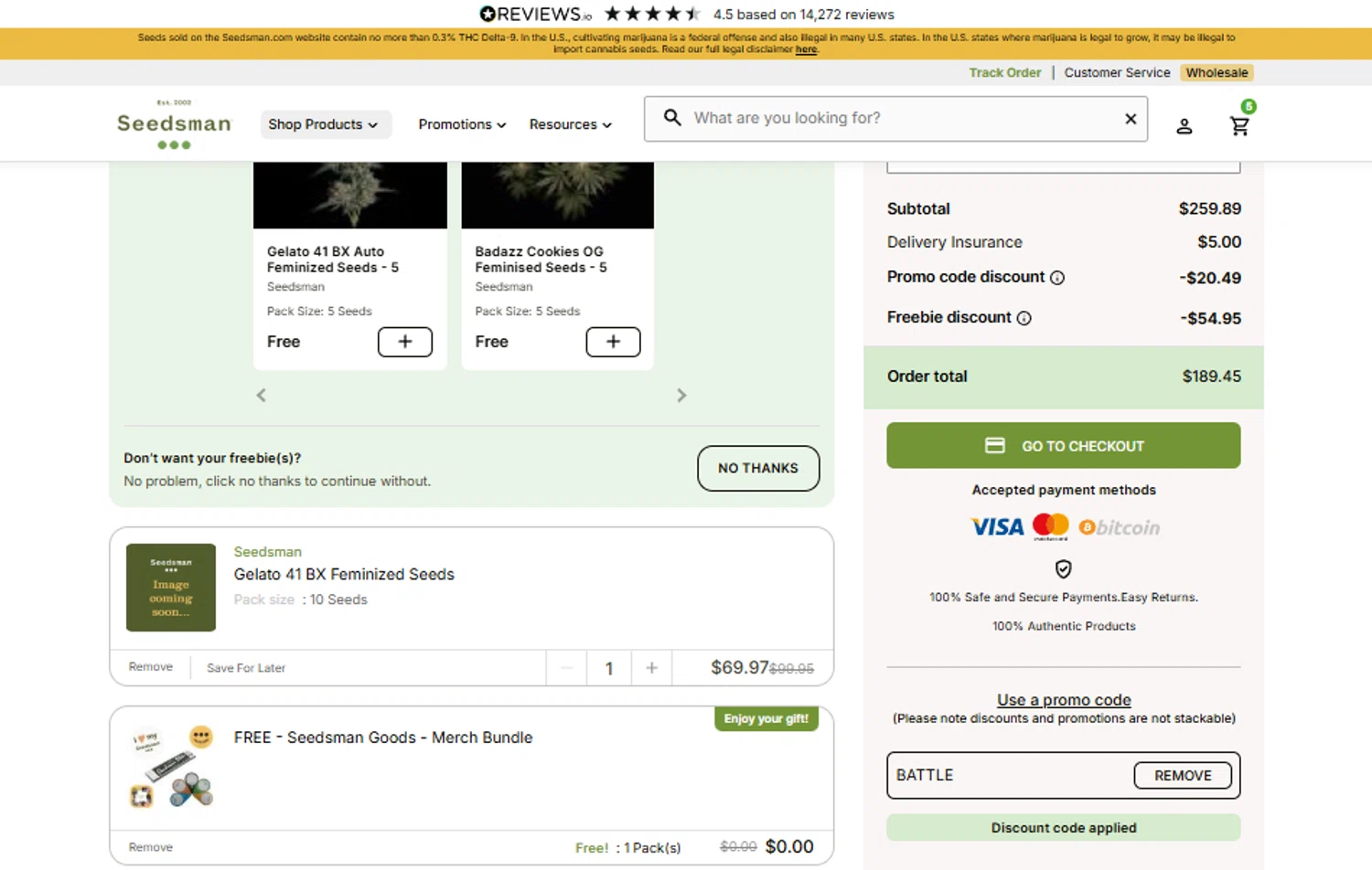 Seedsman promo code screenshot showing code BATTLE applied at Seedsman checkout page. Uploaded by SimplyCodes community member SimplyCVerlie on Nov 7, 2025
